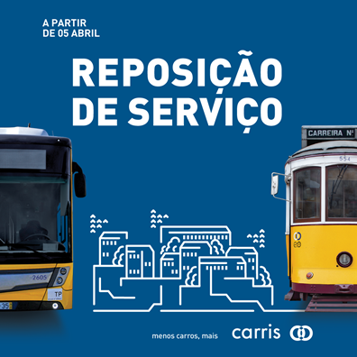 Imagem com um autocarro à esquerda e elétrico à direita. No centro aparece o descritivo: Reposição de Serviço a partir de 5 de abril