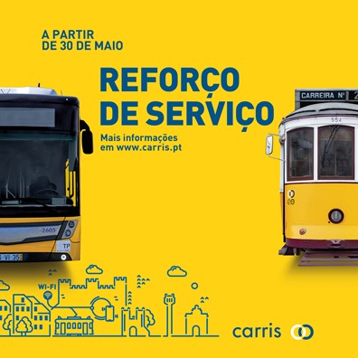 Imagem com autocarro à esquerda, elétrico à direita e no centro o descritivo: Reforço de serviço a partir de 30 de maio