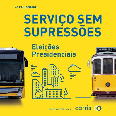 Imagem com autocarro à esquerda, elétrico à direita e no centro o descritivo: Serviço sem supressões, Eleições Presidenciais, 24 de janeiro