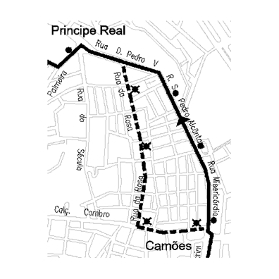 Mapa de alteração da 22B que circula via R. Misericórdia, R. São Pedro Alcântara e R. Dom Pedro V no dia 14 de agosto