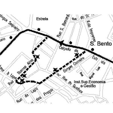 Mapa de alteração da 773 no dia 30 de julho de 2021. Circula pela Calçada da Estrela.